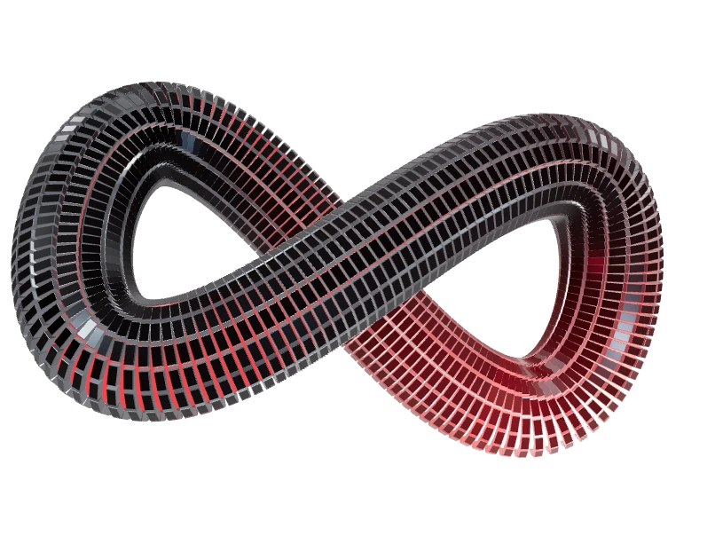 A sculptural CHUMOS infinity loop with dark metallic tiles and a glowing crimson core